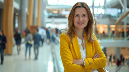 Wall Mural - A confident businesswoman, donning a vibrant yellow blazer, stands with arms crossed,