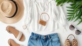 Fototapeta  - Against a white background, a feminine summer fashion composition features a blouse, slippers, purse, sunglasses, watch, and jean shorts. Flat lay, minimalist clothing collage from above.