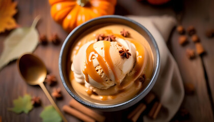 Wall Mural - A bowl of pumpkin spice ice cream with a spoon and autumn decorations on a wooden table