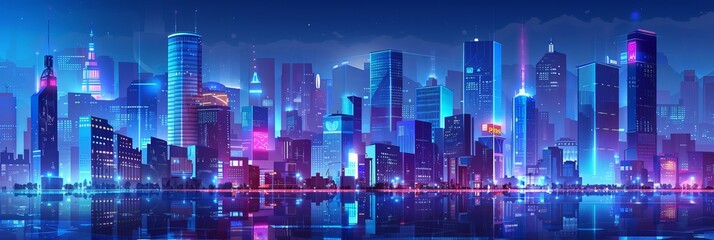 Wall Mural - Big city street at night with neon lights that glow blue and purple, perspective view, panoramic skyline of buildings and homes, vector-illuminated urbanism, and horizontal banner
