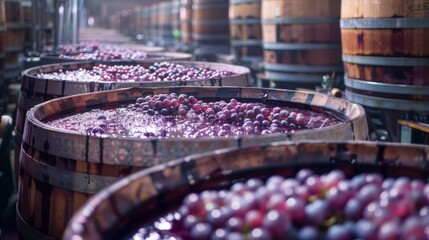 Fermentation Tanks: A real photo shot depicting fermentation tanks filled with fermenting grape juice, showcasing the natural fermentation process that transforms grape juice into wine.