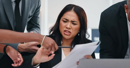 Poster - Businesswoman, working and stress with paper or phone for job, call and documents or report. Female receptionist and corporate with files and mobile for schedule, tech or anxiety and time management