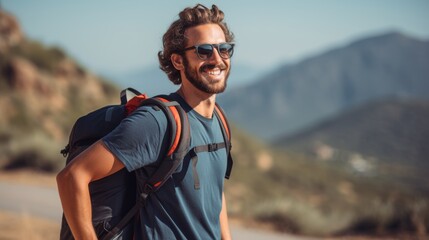 A youthful mixed-race male cyclist carrying his bike after a ride outdoors with his helmet and sunglasses. A young Hispanic man smiling after biking on a mountain pass.