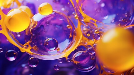 Poster -  Dive into a mesmerizing world of purple and yellow soap bubbles dancing in paint, creating a stunning abstract design perfect for a vibrant background, captured with breathtaking realism in high