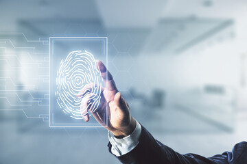 Aufkleber - Multi exposure of programmer's hand working with virtual abstract fingerprint illustration on blurred office background, digital access concept