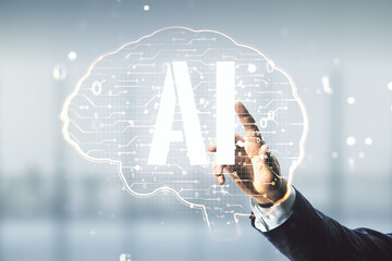 Aufkleber - Double exposure of man hand presses on creative artificial Intelligence interface on blurred office background. Neural networks and machine learning concept
