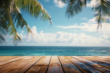 Wall Mural - Empty wooden table on blurred tropical sea and sky background