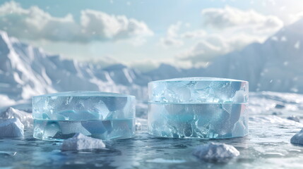 2 stacks mockup of  Blue Ice Podium, crystal clear, front view focus, amidst a Snowy Winter, magical and serene for cool tone products, banner for advertising