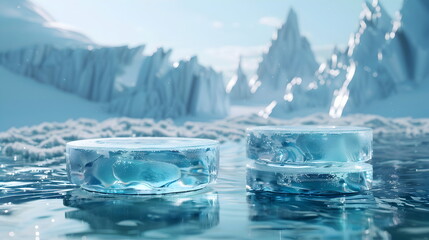 2 stacks mockup of  Blue Ice Podium, crystal clear, front view focus, amidst a Snowy Winter, magical and serene for cool tone products, banner for advertising