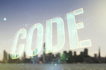 Aufkleber - Code word hologram on blurry skyscrapers background, international software development concept. Multiexposure