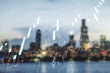 Poster - Double exposure of abstract creative financial diagram and world map on blurry office buildings background, banking and accounting concept