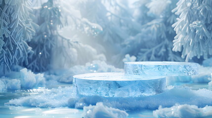 2 stacks mockup of  Blue Ice Podium, crystal clear, front view focus, amidst a Snowy Winter, magical and serene for cool tone products, banner for advertising