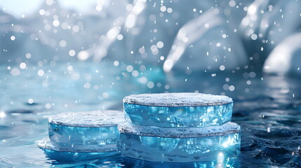 2 stacks mockup of Cool Blue Ice Podium, crystal clear, front view focus, amidst a Snowy Winter Wonderland Background, magical and serene for cool tone products, banner for advertising