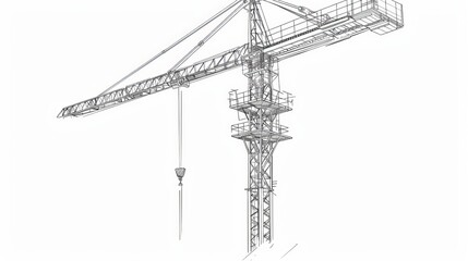 Wall Mural - tower crane used in construction. White background with vector line art