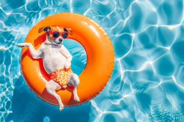 Wall Mural - Jack russel dog relaxes on a yellow inflatable ring in a pool, donning sunglasses and savouring the summer bliss. Aerial perspective, copy space. Illustration of vacation and summer holidays.