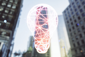 Poster - Virtual Idea concept with light bulb illustration on office buildings background. Multiexposure