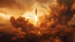 Captivating scene of a rocket blasting off through a dramatic cloud cover at sunset, creating a powerful backlight effect