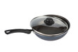 New frying pan with glass lid on white background.
