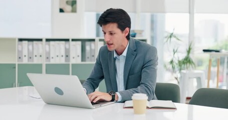 Poster - Businessman, laptop and frustrated with glitch, anger and mistake or rage for 404 error. Man, office and breaking technology with stress, network problems and exhausted smash for startup worker