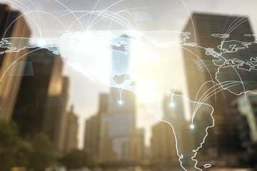 Poster - Double exposure of abstract digital world map hologram with connections on blurry cityscape background, big data and blockchain concept