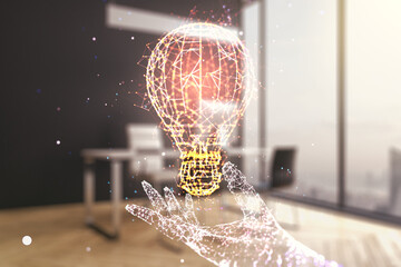 Poster - Creative idea concept with light bulb illustration and modern desktop with computer on background. Multiexposure