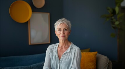 Confident, proud, mature woman with short hair pictured in her elegant home