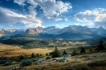 Wall Mural - The sky is blue with clouds and the mountains are in the background