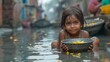 Little Girl Sitting in Water With Bowl of Food. Generative AI