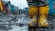Yellow Rubber Boots in Puddle. Generative AI