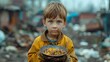 Young Boy Holding a Bowl of Food. Generative AI