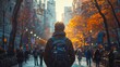 Man Walking Down the Street With a Backpack. Generative AI