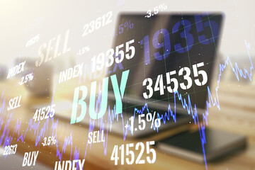 Poster - Multi exposure of abstract creative financial chart and modern desktop with laptop on background, research and analytics concept