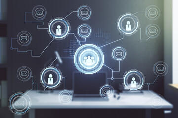 Aufkleber - Social network concept and modern desktop with computer on background. Multiexposure