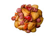 Grilled potatoes cut into slices with hunting sausages with garlic, onion