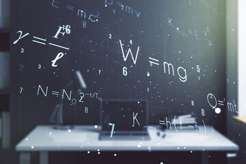Poster - Creative scientific formula concept and modern desktop with computer on background. Multiexposure