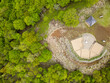 Birds eye aerial view of an observation deck in the middle of a lush, green, temperate forest