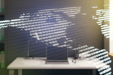 Poster - Digital America map and modern desktop with computer on background, international trading concept. Multiexposure
