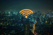 Secure wireless network symbol glowing over a cityscape at night, symbolizing widespread digital protection