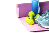 Fototapeta  - Sport equipment on white background. Yoga mat, sneakers, dumbbells and bottle of water. Healthy lyfestyle, fitness and diet.