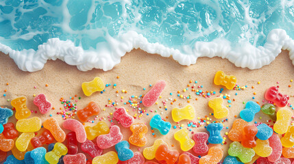 Wall Mural - A surreal beach scene where the sand is composed of colorful candy sprinkles and gummy bears