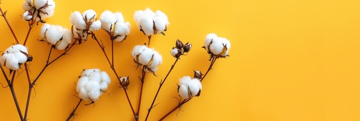 Wall Mural - A beautiful sprig of cotton on a yellow background, a place for text. Delicate white cotton flowers.