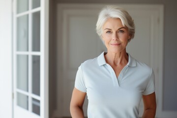 Wall Mural - Portrait of a glad woman in her 60s wearing a sporty polo shirt over modern minimalist interior