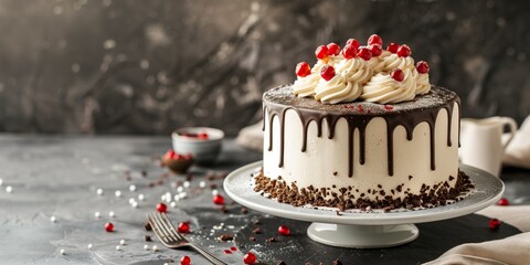 Sticker - Elegant chocolate drip cake with white frosting and red cherries on a moody backdrop.