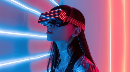 Wall Mural - Close up of asian woman wearing modern cyberpunk neon Virtual Reality glasses technology AI generated image