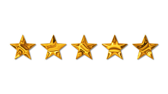 png golden 5 stars, gold rate star icons on transparent background, metallic shiny evaluate sign design element