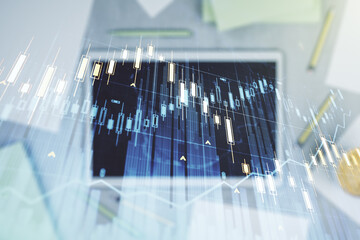 Aufkleber - Abstract creative financial graph and modern digital tablet on desktop on background, top view, financial and trading concept. Multiexposure