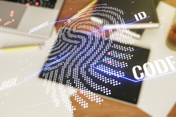 Aufkleber - Multi exposure of abstract creative fingerprint illustration and modern digital tablet on background, top view, digital access concept