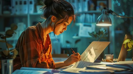 Poster - une femme en train d'analyser les finance d'une entreprise. hyper realistic