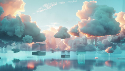 Wall Mural - Abstract representation of cloud computing environments, with floating data islands in a 7:4 panoramic ratio.