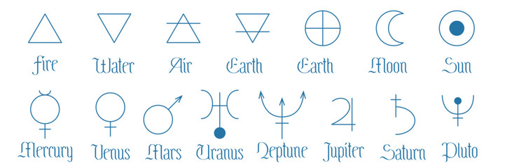 Set of minimalistic symbols of astrology planets, elements and astronomy. Outline icons isolated on white background. Simple alchemical icons, pictograms, planet symbols. Mystical planetary signs